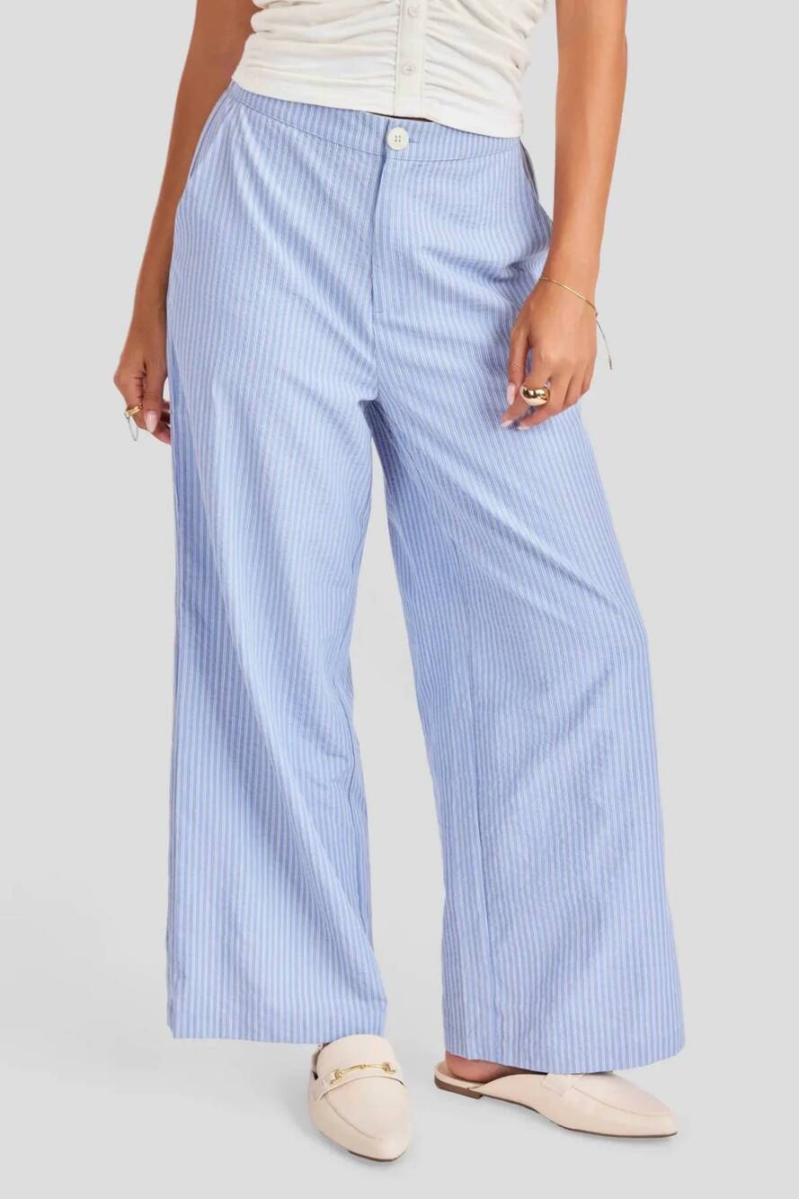 NEW SAGE THE LABEL windows down pants in blue/ ivory stripe